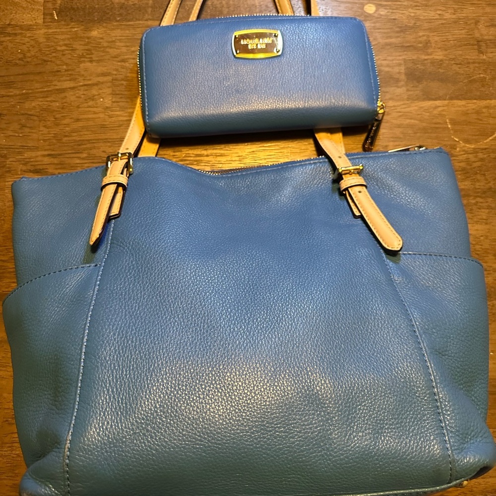 Michael Kors Blue and Tan Shoulder Bag with Wallet